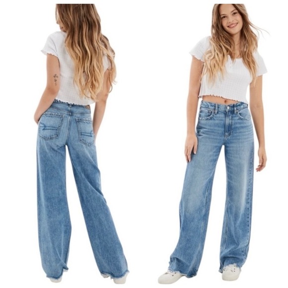 American Eagle Super High Rise Baggy Wide Leg Blue Jeans Slouchy Sz 0 Short - Picture 2 of 14